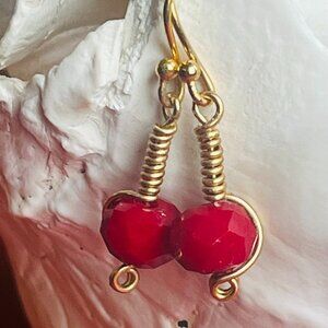 Ruby Red Czech Faceted Glass Dangle Earrings, Gold Wire Wrapped Earrings